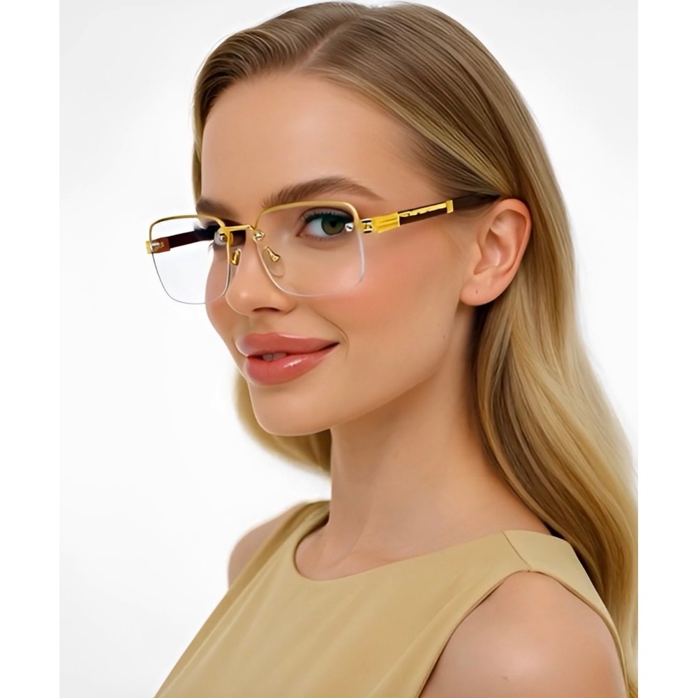 Women Gold Rectangular Glasses Eyewear UV400 Casual Temples Clear Lens Eyewear